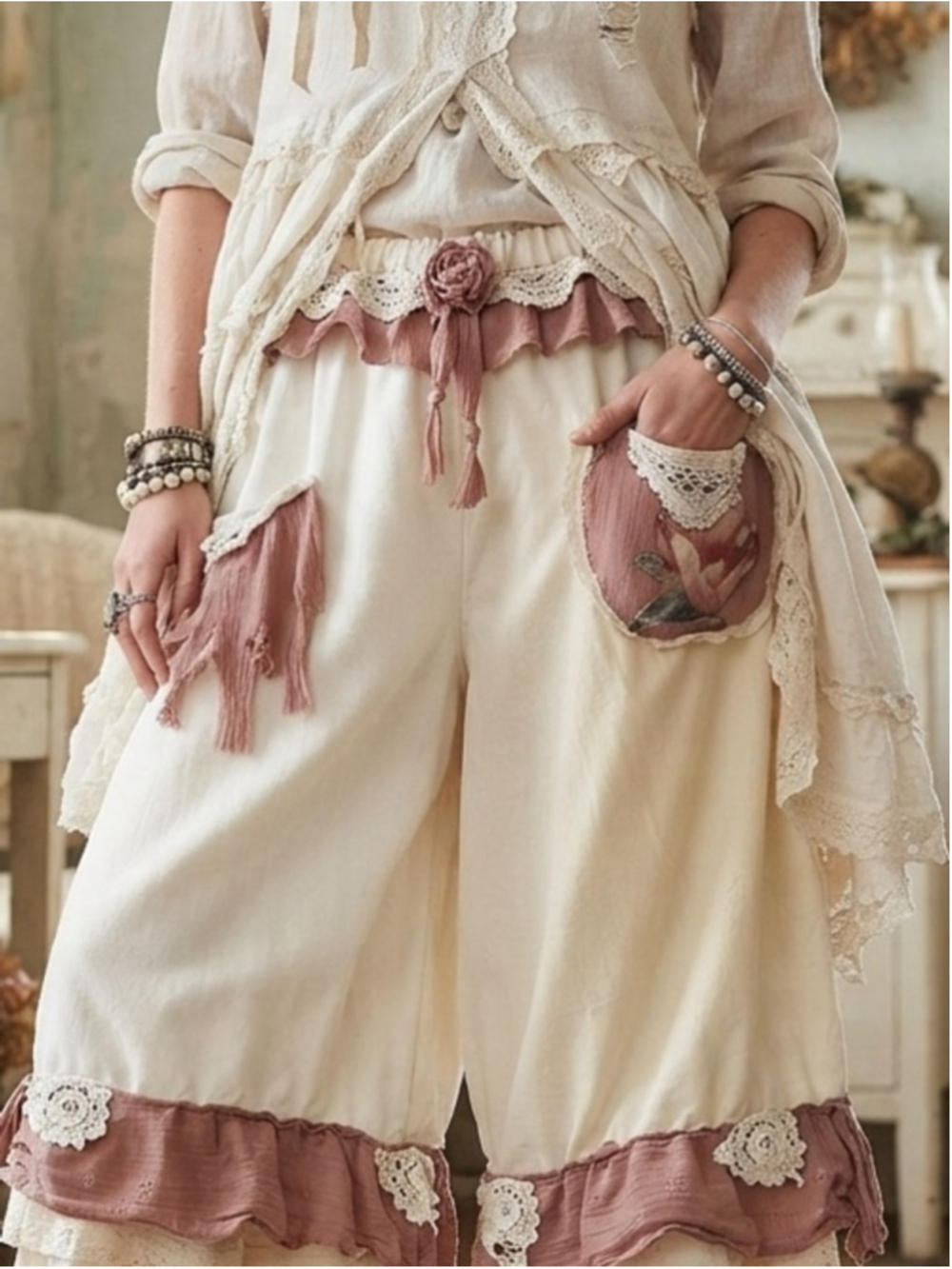Handmade upcycled wearable art boho bloomers featuring a cream and dusty rose pa